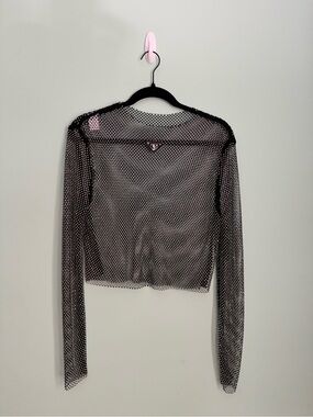 Men’s MCE Sheer Mesh Rhinestone Long-Sleeve Crop Top in Obsidian - Size Large